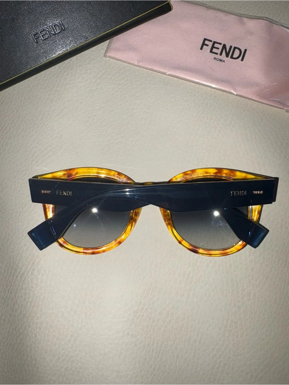 Fendi Womens Tortoiseshell Amber Frame Sunglasses with Gradient Blue Lenses